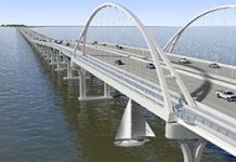 An artist's rendering of a bridge over a body of water.