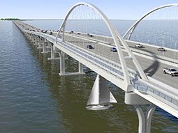 An artist's rendering of a bridge over a body of water.