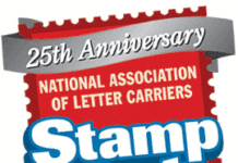 The 25th anniversary stamp out hunger food drive logo.