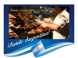 meat cooking on a barbeque grill with announcement of Asado Argeninto event of October 29, 2017