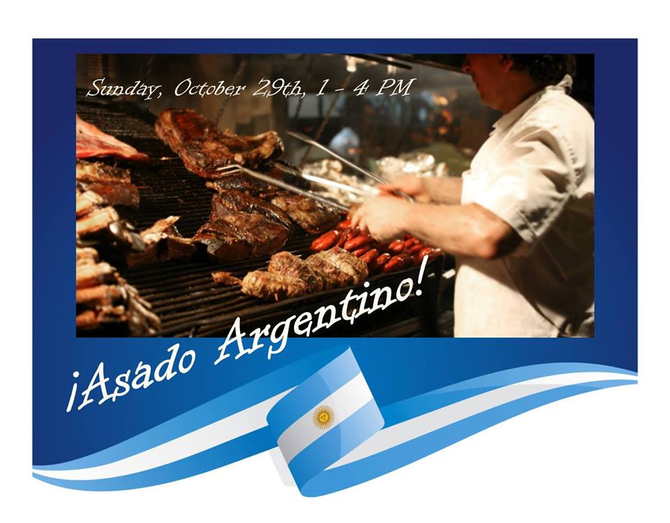 meat cooking on a barbeque grill with announcement of Asado Argeninto event of October 29, 2017