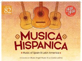 Musica hispanica event depicted with three guitars