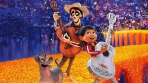scene from animated film of boy and skeleton playing guitars with dog