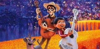 scene from animated film of boy and skeleton playing guitars with dog