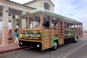 Bus shaped and decorated as a trolley