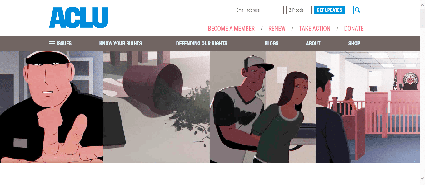 aclu home page showing illustrated examples of immigrants being detained