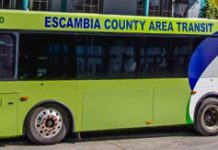 green bus with words "Escambia County Area Transit"