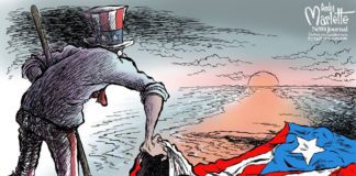 illustration of Uncle Sam sweeping grave stones under the Puerto Rican flag