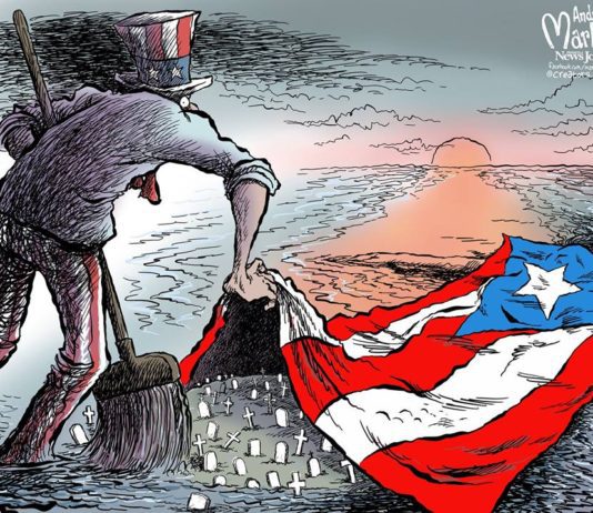 illustration of Uncle Sam sweeping grave stones under the Puerto Rican flag