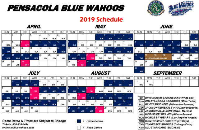 Calendario de los Wahoos para el 2019: Pensacola vs. Mobile 25x
