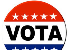 red,white and blue "vota" button