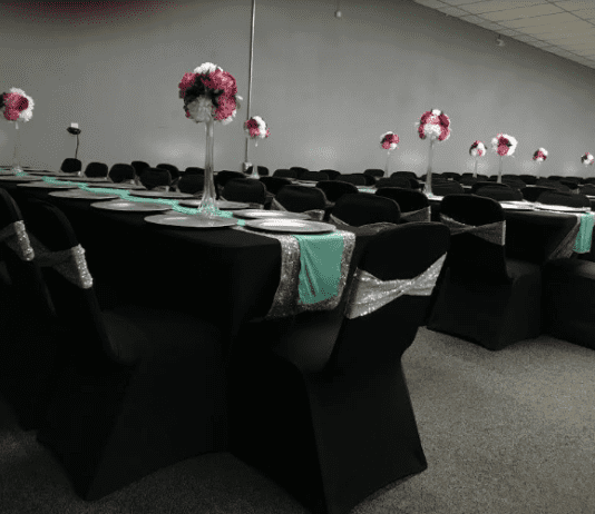 dance hall with decorated tables and chairs