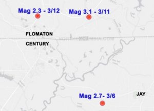 map of Florida-Alabama border indicating Flomaton and Century epicenters