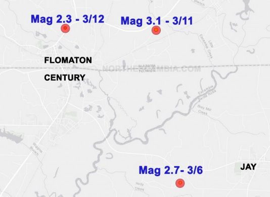 map of Florida-Alabama border indicating Flomaton and Century epicenters