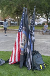 American and Police flag standing in park