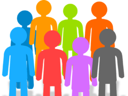 A group of people standing in front of a cloud.