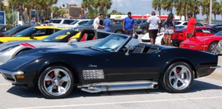A black corvette parked in a parking lot.