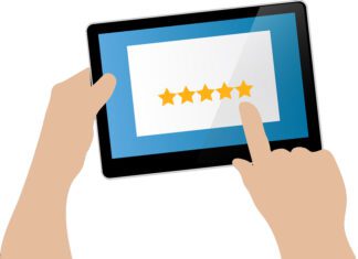 illustration of hands selecting star ratings on tablet