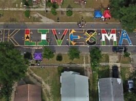 An aerial view of a street with black lives matter written on it.