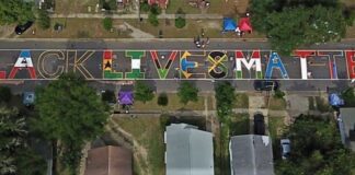 An aerial view of a street with black lives matter written on it.