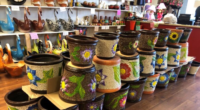 Mexican pottery on display at a store