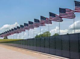 Vietname Memorial Wall with American flags