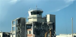 airport tower being demolished