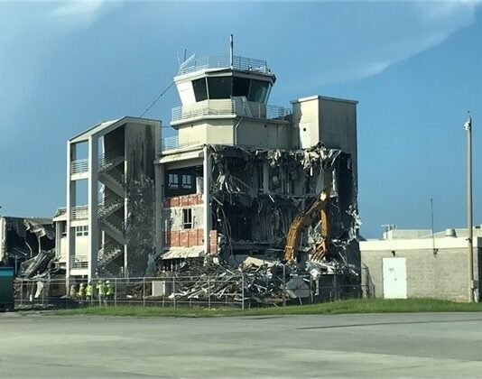 airport tower being demolished