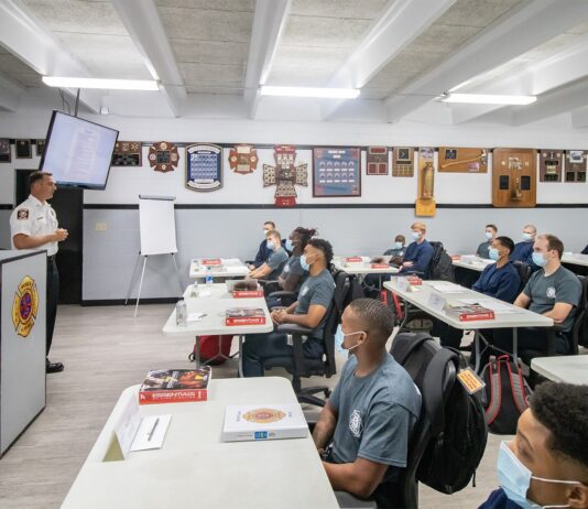 Firefighters in class training