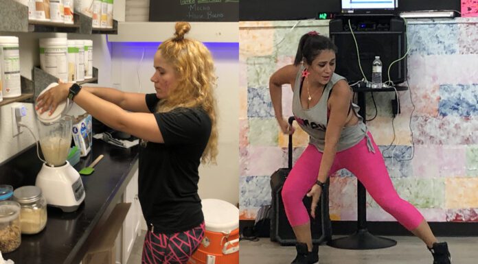 one woman making a smoothie, another exercising