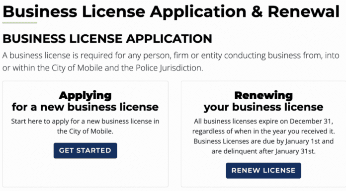 Screenshot of City of Mobile business license web page