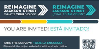 Reimagine Jackson Street logo with QR code and map