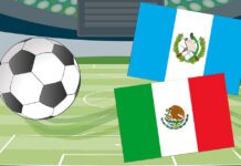 Illustration of soccer field with Guatemalan and Mexican flags