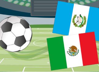 Illustration of soccer field with Guatemalan and Mexican flags