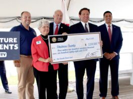 Governor DeSantis presenting check to Okaloosa County commissioners