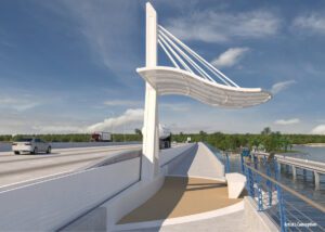 rendering of shaded benches on bridge