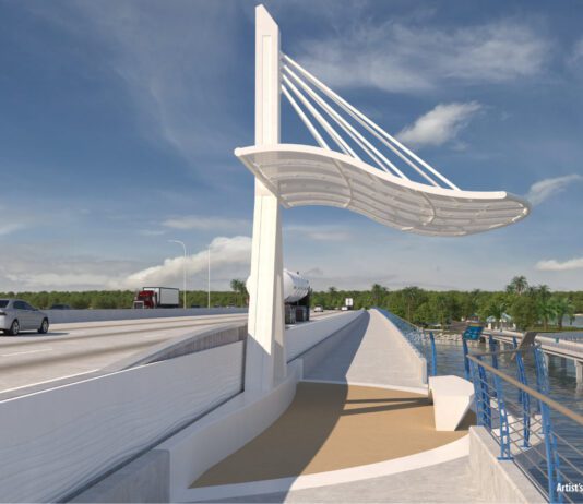 rendering of shaded benches on bridge