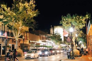 downtown Pensacola decorated with holiday lights
