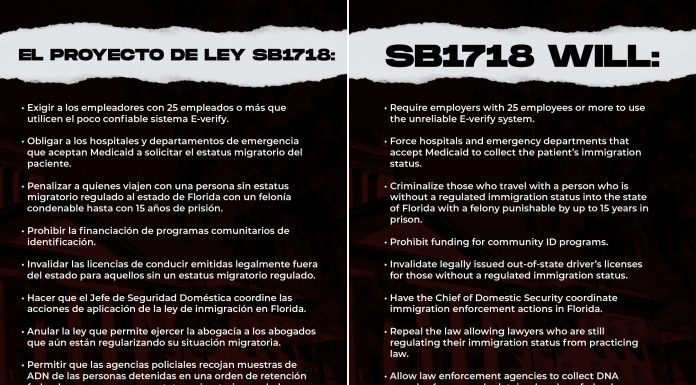 Informational graphic about what Florida's SB 1718 will do in Spanish and English