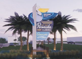 A rendering of a sign with palm trees and palm trees.