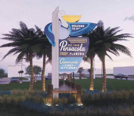 A rendering of a sign with palm trees and palm trees.