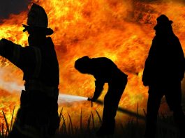 firefighters with large fire in background