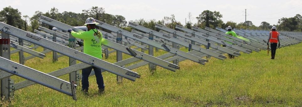 Workers constructing solar panel farm
