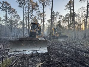 bull dozers pushing burned trees