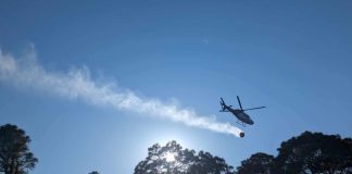 helicopter carrying water over trees