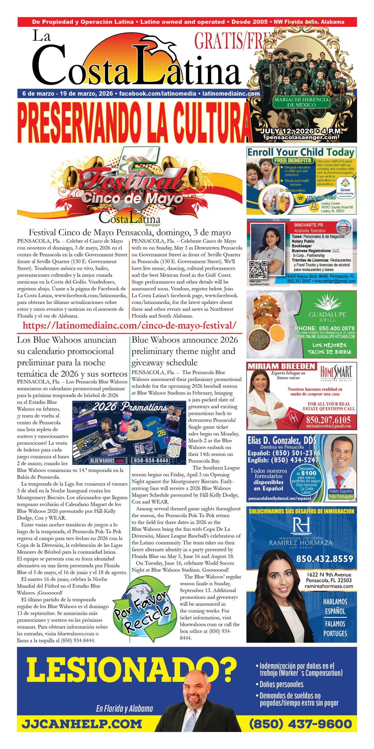 La Costa Latina, March 6 - March 19, 2026, Page 1