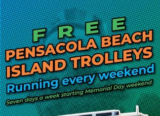 El condado de Escambia pone en marcha el servicio gratuito de tranvía en Pensacola Beach ~ Escambia County starts free Pensacola Beach trolley service Beach Trolley service announcement flyer