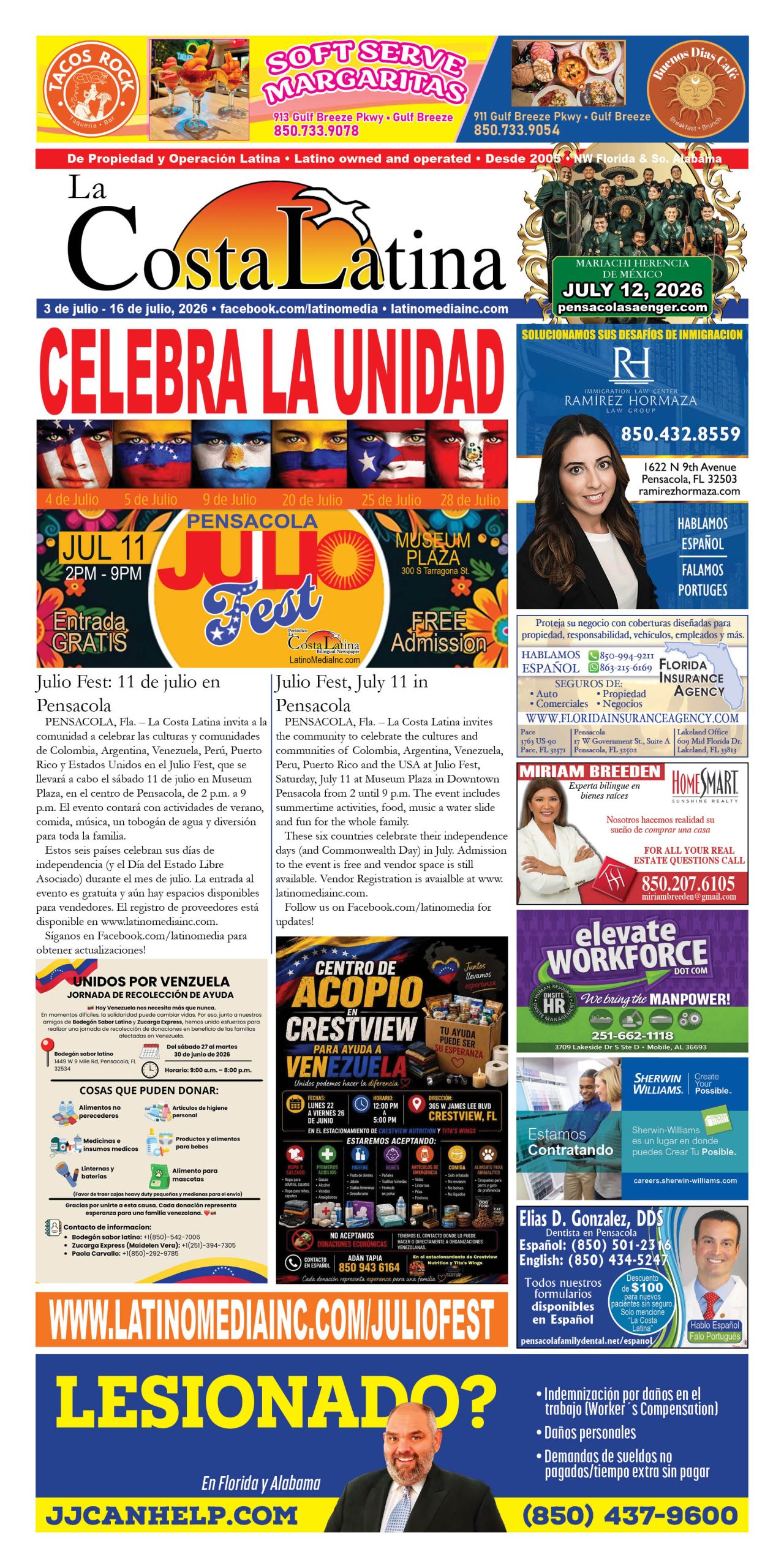 La Costa Latina July 3 - July 16, 2026 edition, Page 1