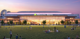 Rendering of exterior of Regions Arena in Mobile, Ala.