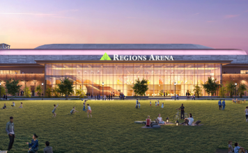 Rendering of exterior of Regions Arena in Mobile, Ala.